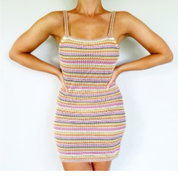 OLIVE + OAK Multicolor pastel Striped Knit spaghetti strap mini dress M - Picture 1 of 10